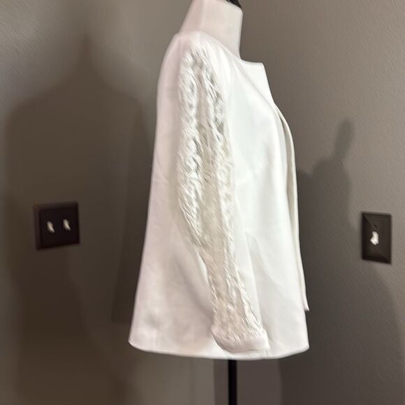 black Label by Evan Picone White Open Front Blazer Jacket Lace Sleeveless - Picture 4 of 9